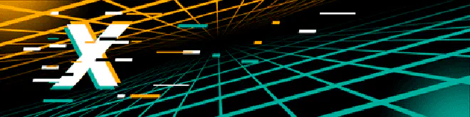 Digital banner with a bold, glitch-style letter 'X' on a futuristic black background featuring intersecting orange and teal grid lines, symbolizing advanced technology and innovation